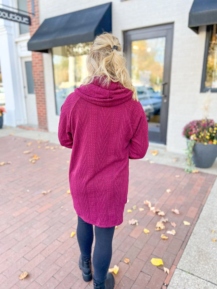 Wine Cable Knit Cowl Neck Tunic