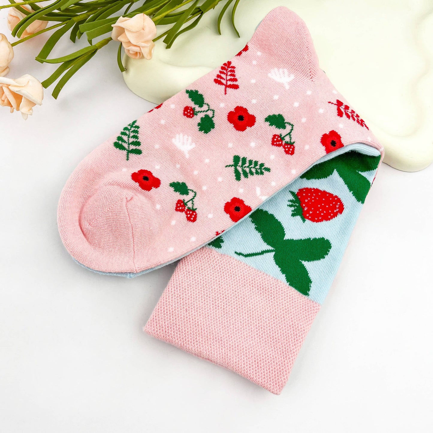Strawberry Blossom Mismatched Double-Sided Mid-Crew Socks