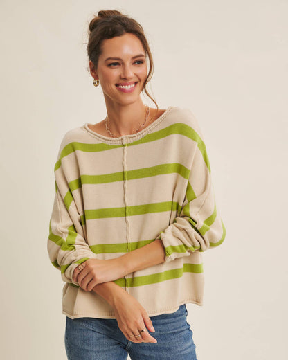 Apple Green Striped Dolman Sleeve Sweater