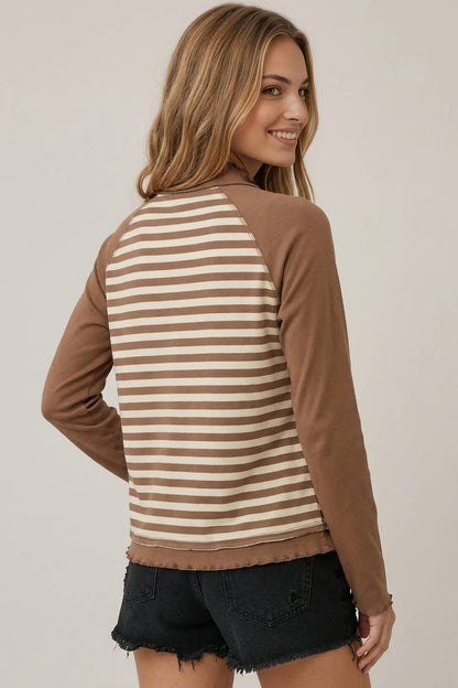 Striped Contrast Pocket Mock Neck