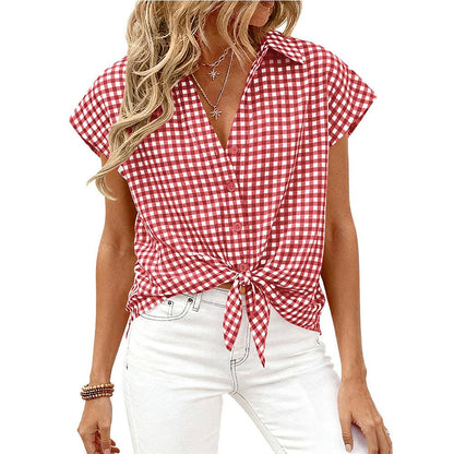 Women Gingham Button Down Summer Top Loose Fit Blouse