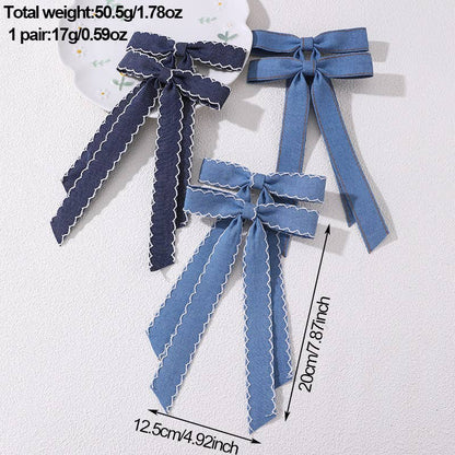 Contrast trim Vintage Denim Ribbon Bow Hair clips- 2PC