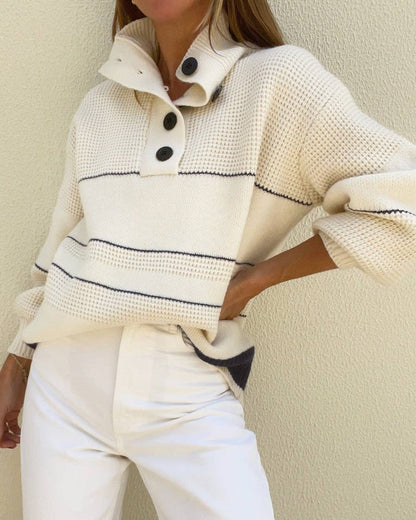 Casual Button Neck Striped Knit Sweater