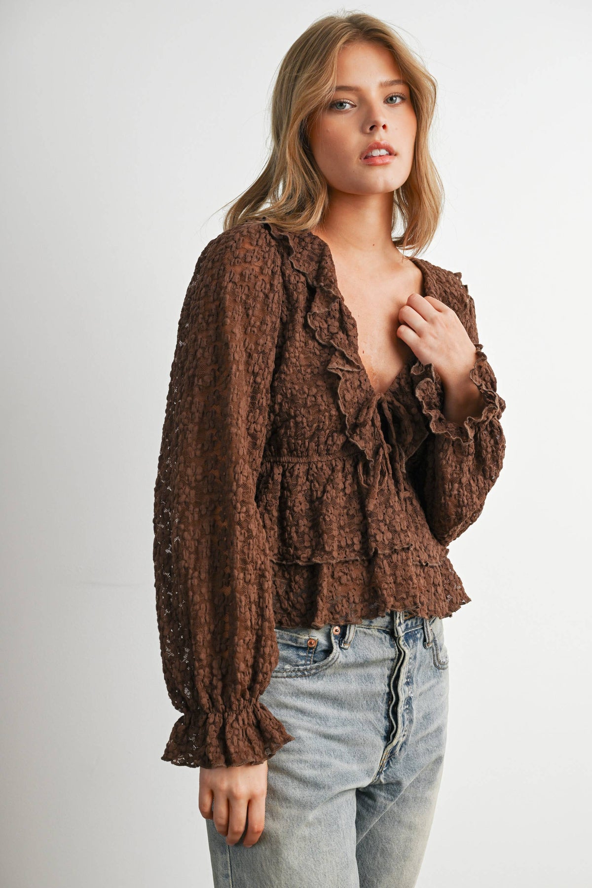 Brown Lace Ruffle Long Sleeve Blouse