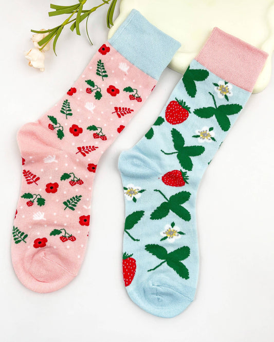 Strawberry Blossom Mismatched Double-Sided Mid-Crew Socks