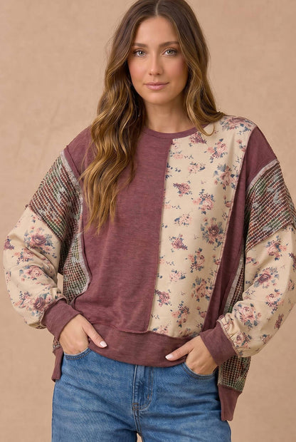 Mixed Fabric Floral Waffle Knit Paneling Top