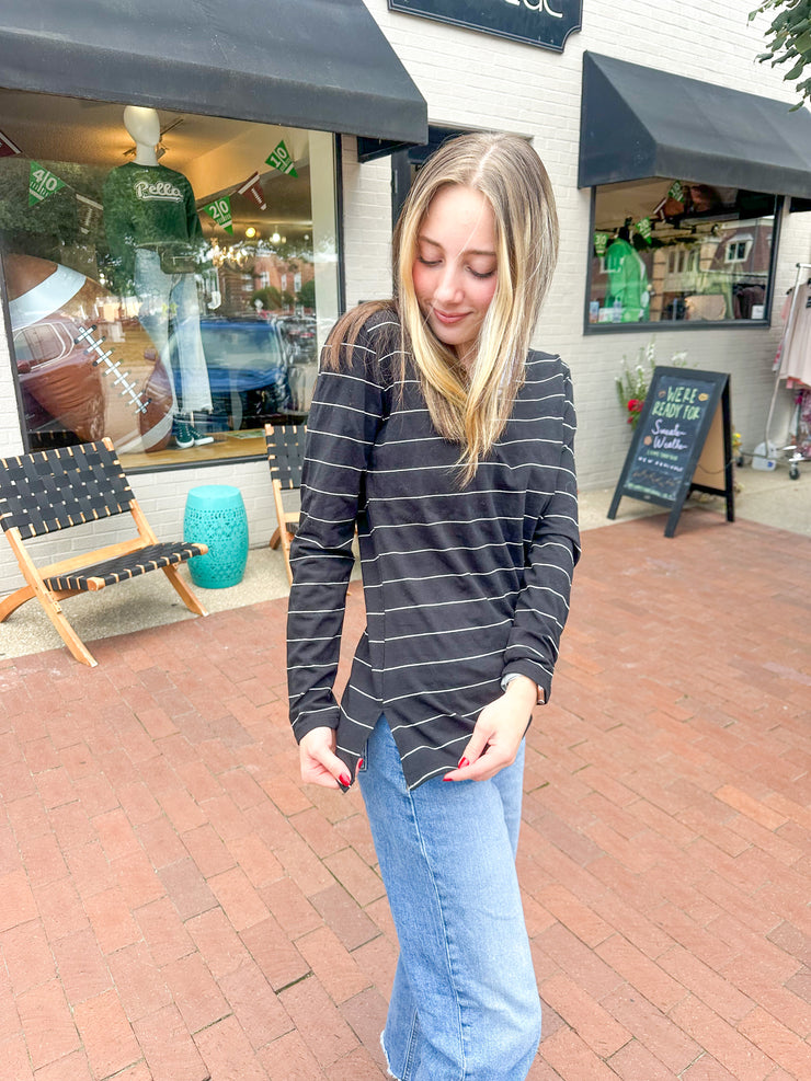 Black Stripe V Neck Top