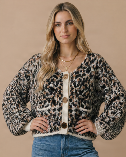 Scoop Neck Leopard Gold Buttons Cardigan