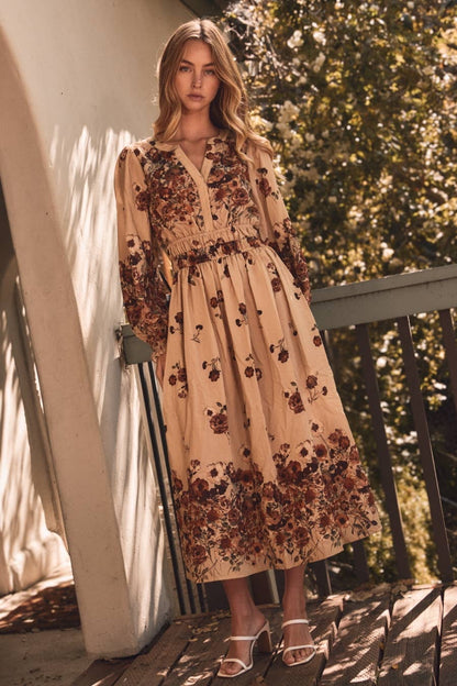 Floral Border Printed Midi Dress