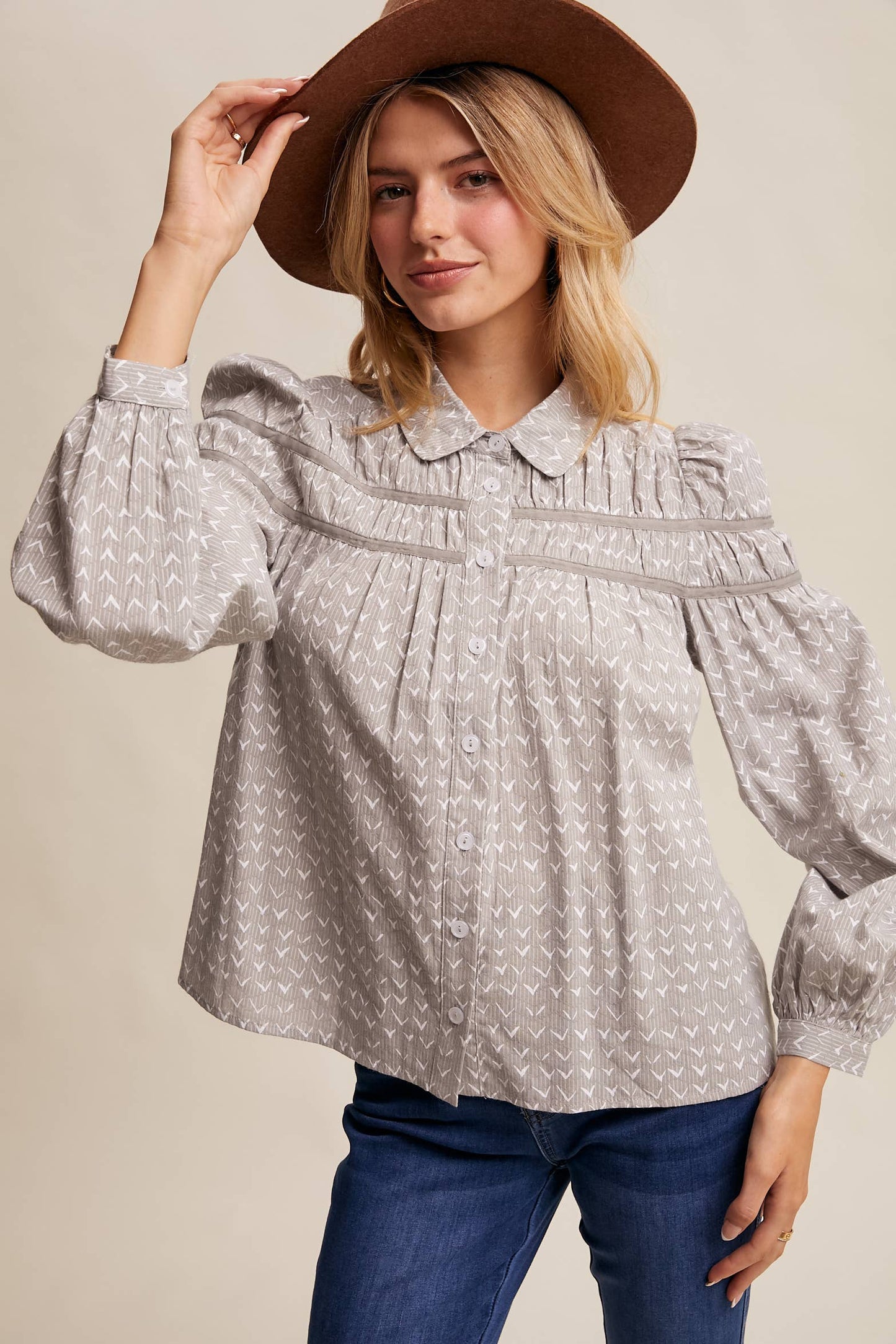 Lavender Grey Pintuck Puff Sleeve Blouse
