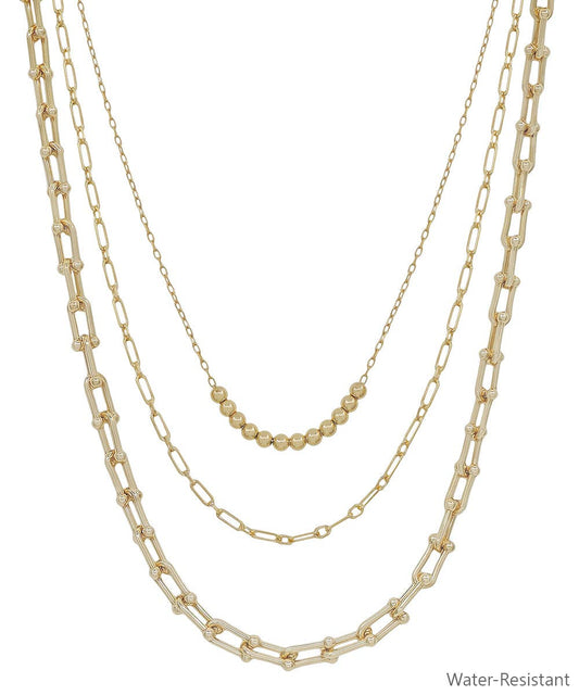 Gold Triple Layered Beaded and Gold Chain 16"-18" Necklace