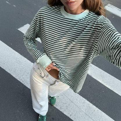Striped Polyester Tee Casual Oversized Long Sleeve