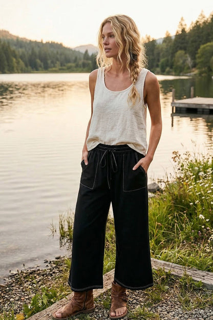 Relaxed Wide Leg Drawstring Knit Pants