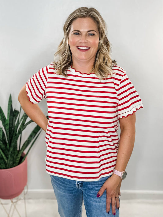 Red Stripe Scalloped Neck Top