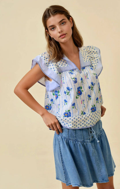 Mixed Floral Print Flutter Sleeve Top
