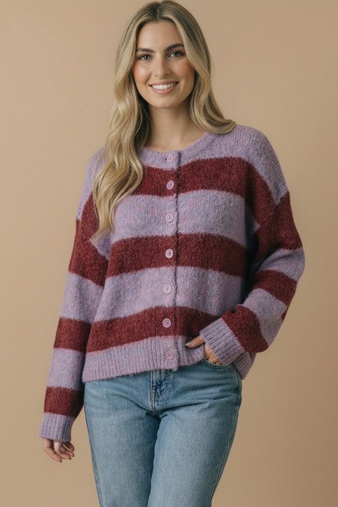 Round Neck Fluffy Button Down Cardigan