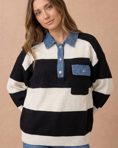 Plus Striped Denim Collar Sweater Knit Top