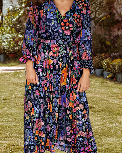 Floral Print Tassel Tie Long Sleeve Flowy Long Dress