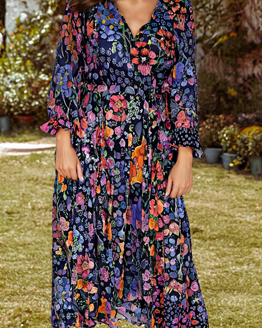 Floral Print Tassel Tie Long Sleeve Flowy Long Dress
