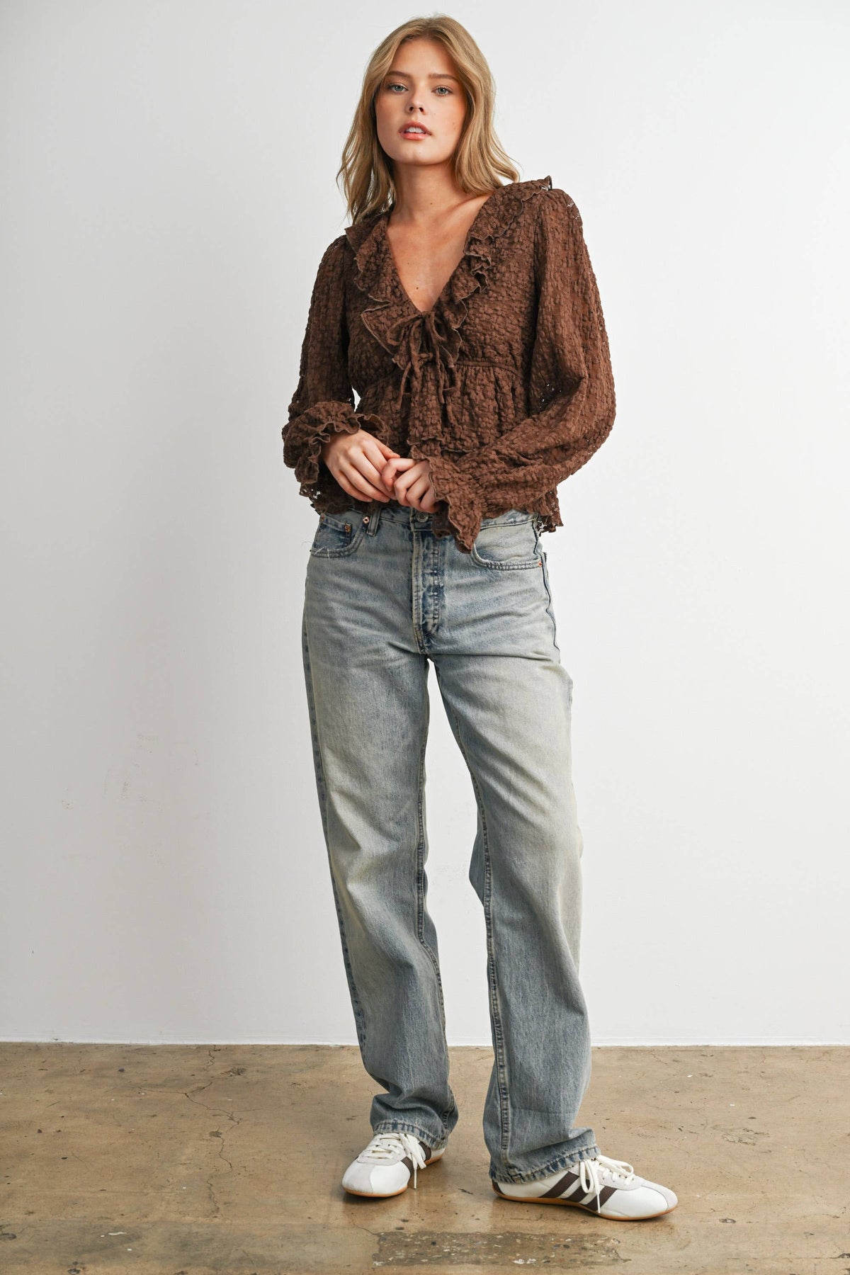 Brown Lace Ruffle Long Sleeve Blouse
