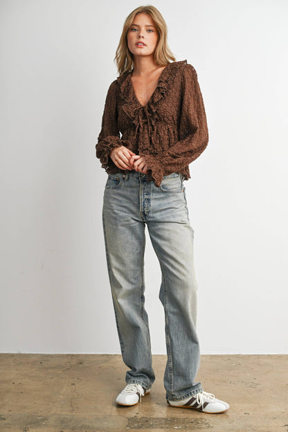 Brown Lace Ruffle Long Sleeve Blouse