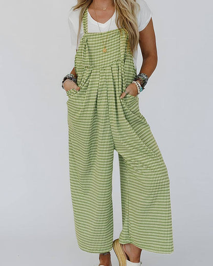 Pistachio Gingham Wide-Leg Overalls