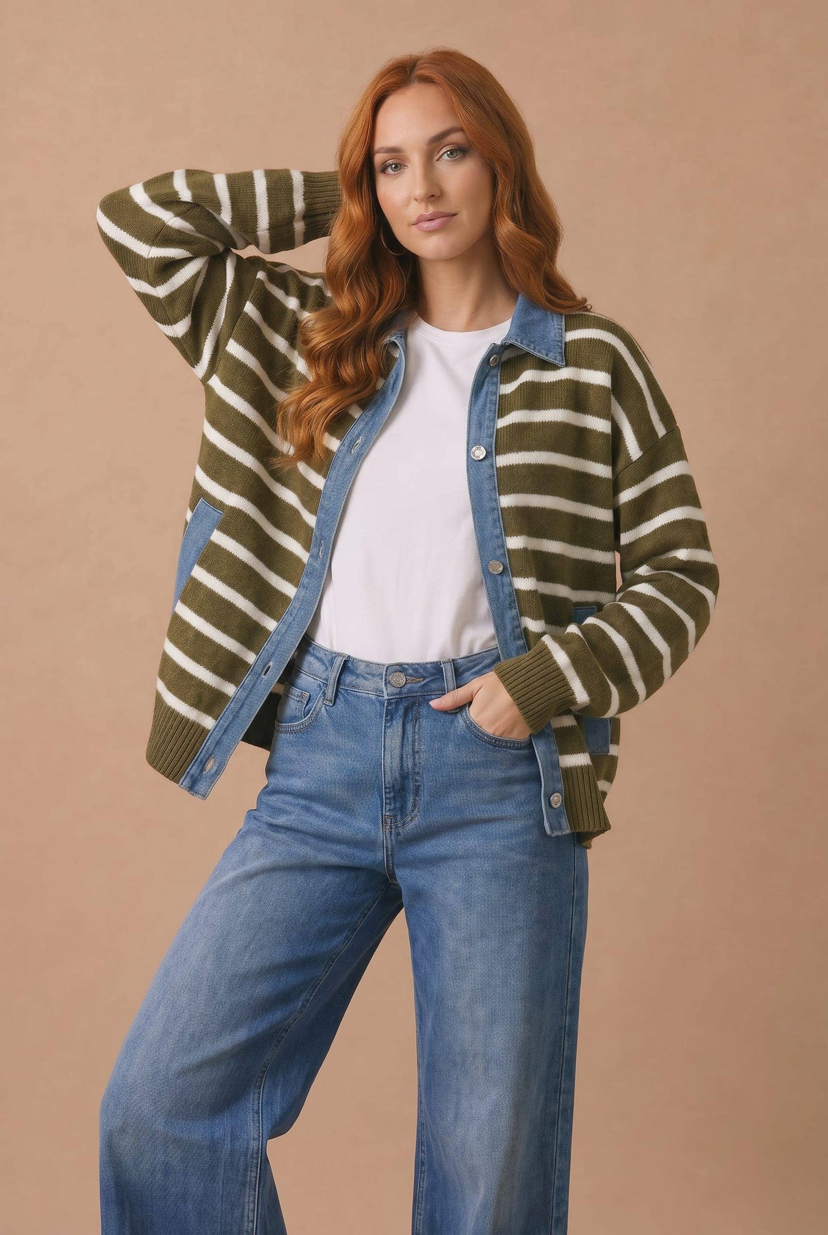 Denim Button Down Stripe Cardigan