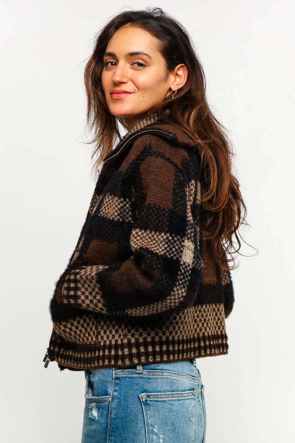 High Neck Zipper Neck Long Sleeve Plaid Cardigan