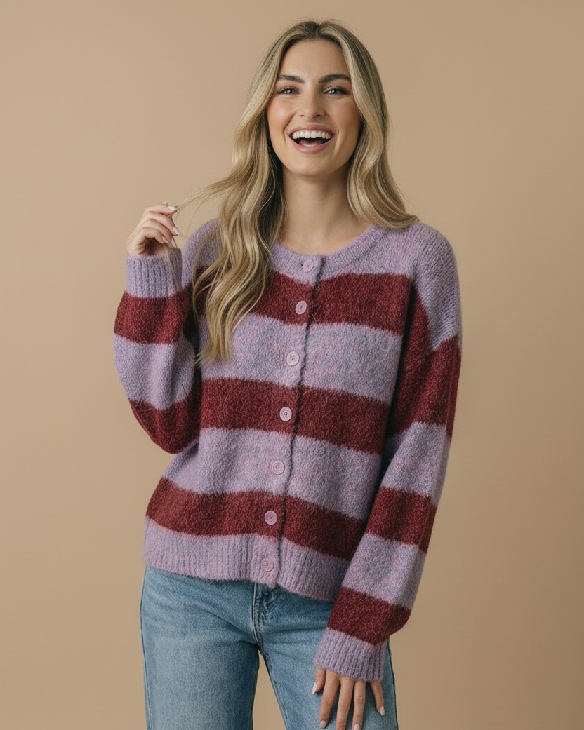Round Neck Fluffy Button Down Cardigan