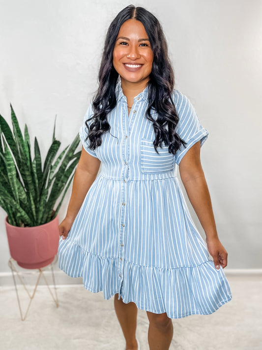 Button Down Stripe Chambray Dress