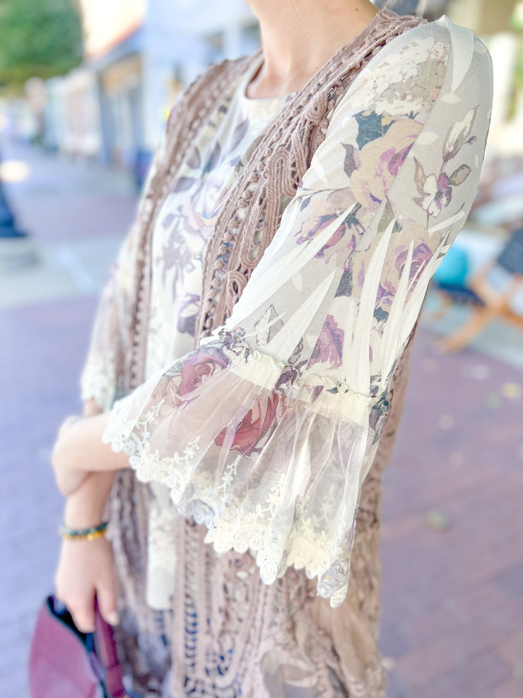 Purple Floral Lace Bell Sleeve Top