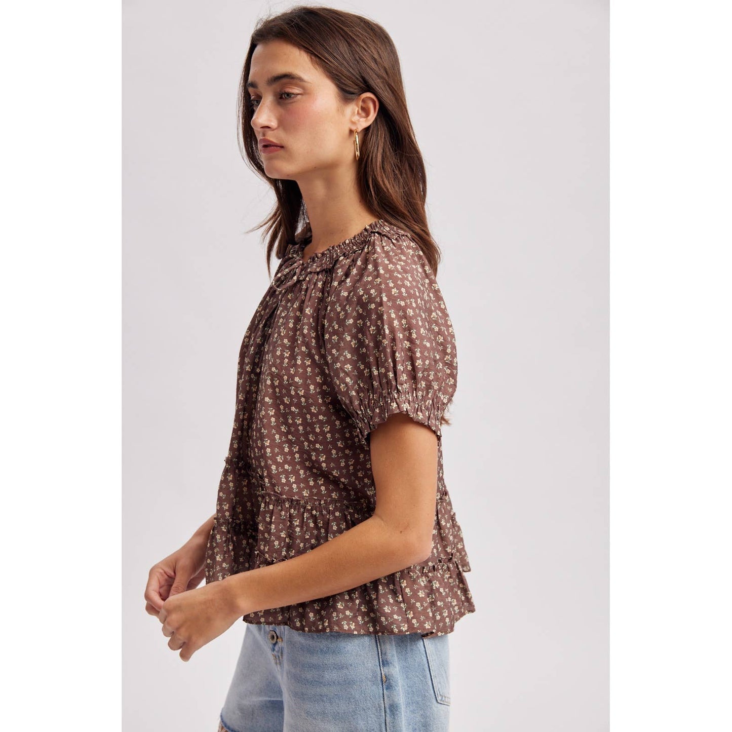 Brown & Dainty Floral Tie Neck Blouse