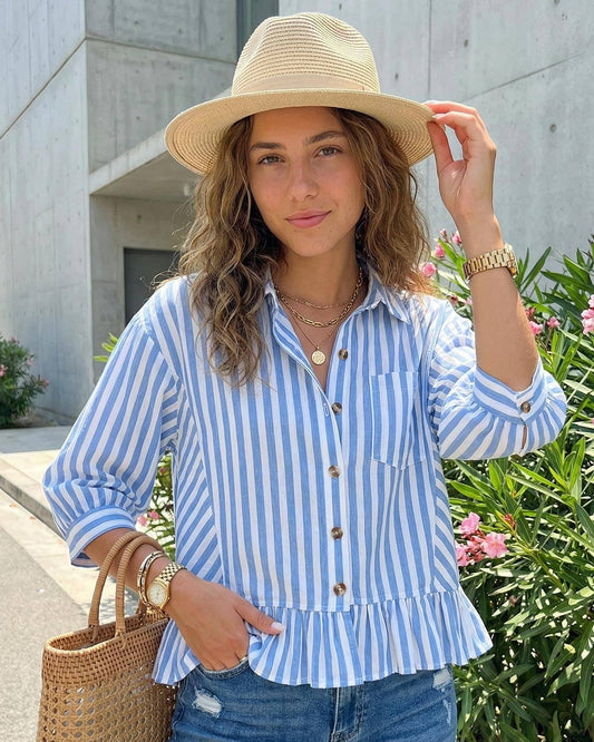 Womens Striped Button Down Ruffle Hem Blouse 3/4 Sleeve