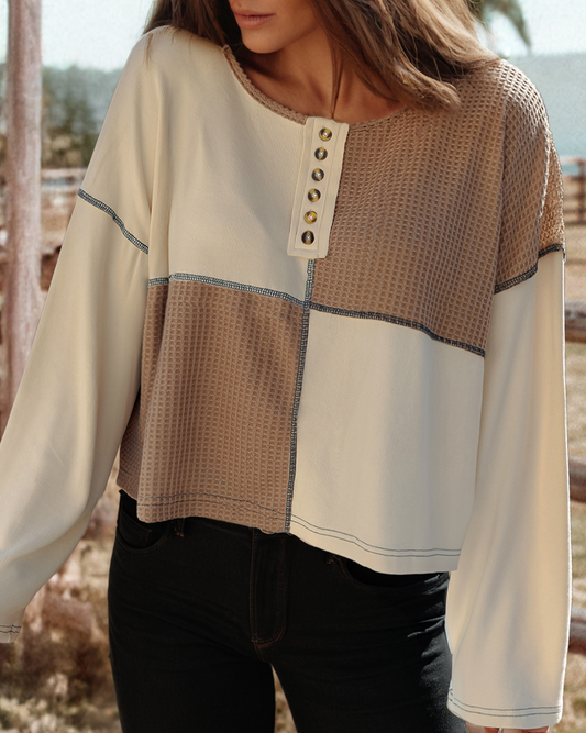 Neutrals Colorblock Waffle Knit Stitch Long Sleeve Top