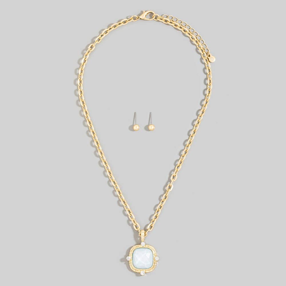Square Faceted Stone Pendant Chain Necklace Set