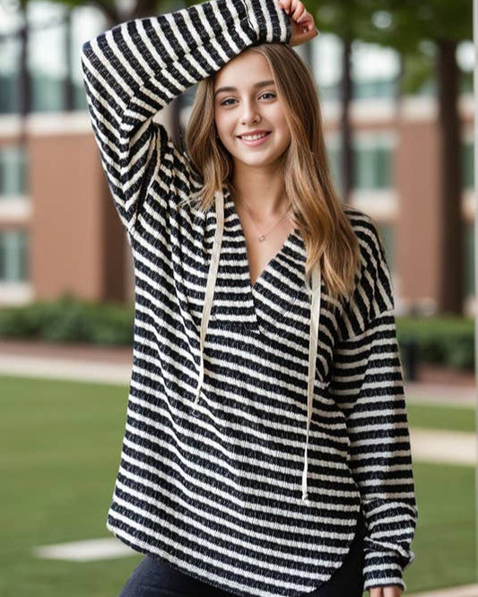Black & White Crinkle Weave Striped Long Sleeve