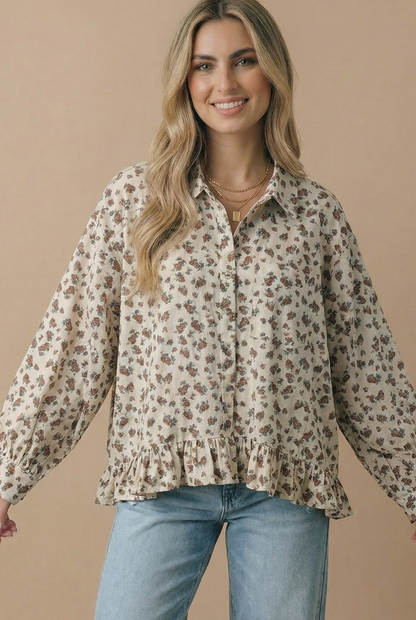 Collared Floral Peplum Hem Babydoll Shirt