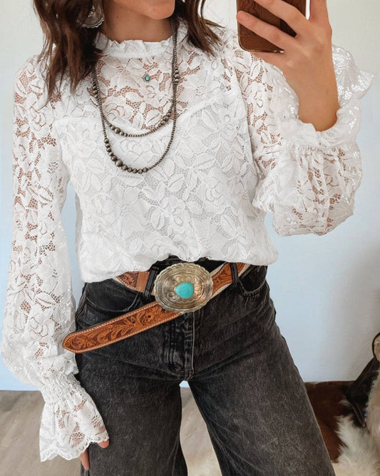 White Ruffled Round Neck Long Flounce Sleeve Sheer Lace Blouse