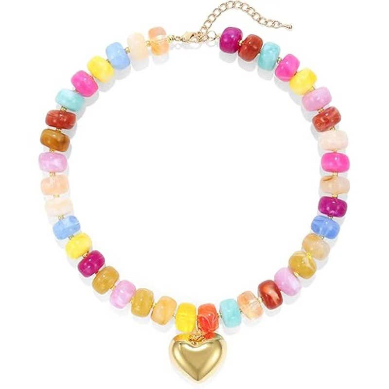 Colorful Resin Bead Necklace with Gold Heart-Shaped Pendant