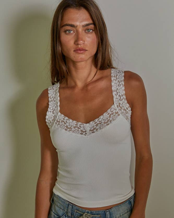 Knit Seamless Ribbed Tank Top with Lace Trim