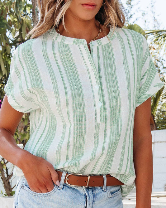 Green Striped Gauze Half Button Short Sleeve Blouse