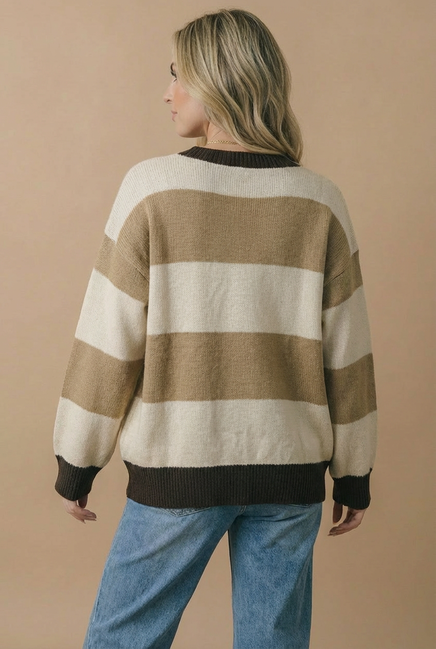 Round Neck Striped Color Block Sweater Top