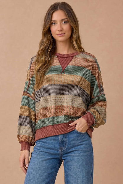 Stripe Waffle Wave Rib Banded Hem Pullover