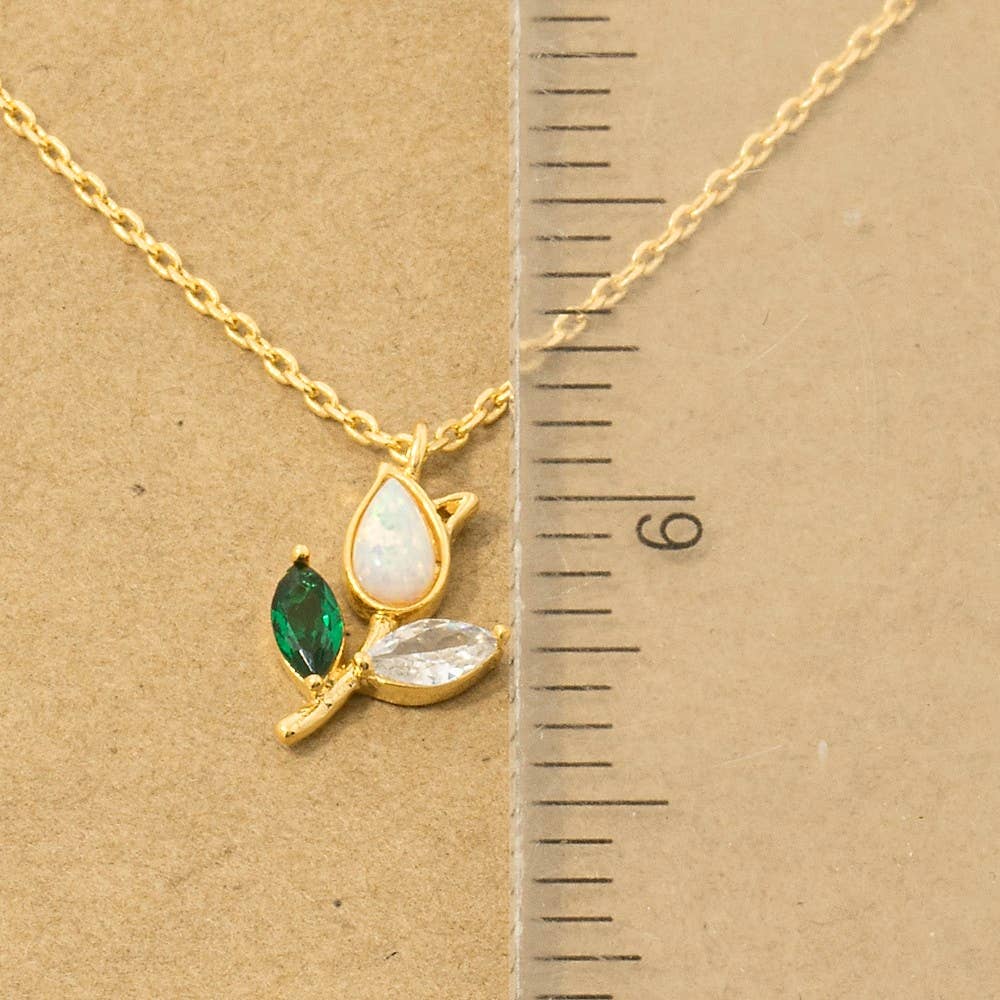Opal Tulip Flower Green Leaf Necklace