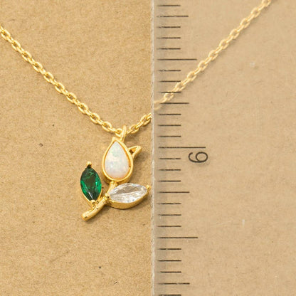 Opal Tulip Flower Green Leaf Necklace