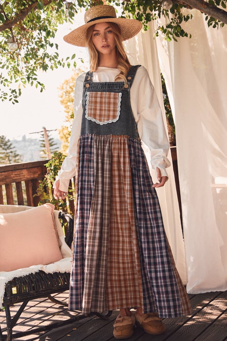 Denim Yoke Patchwork Pinafore Dress