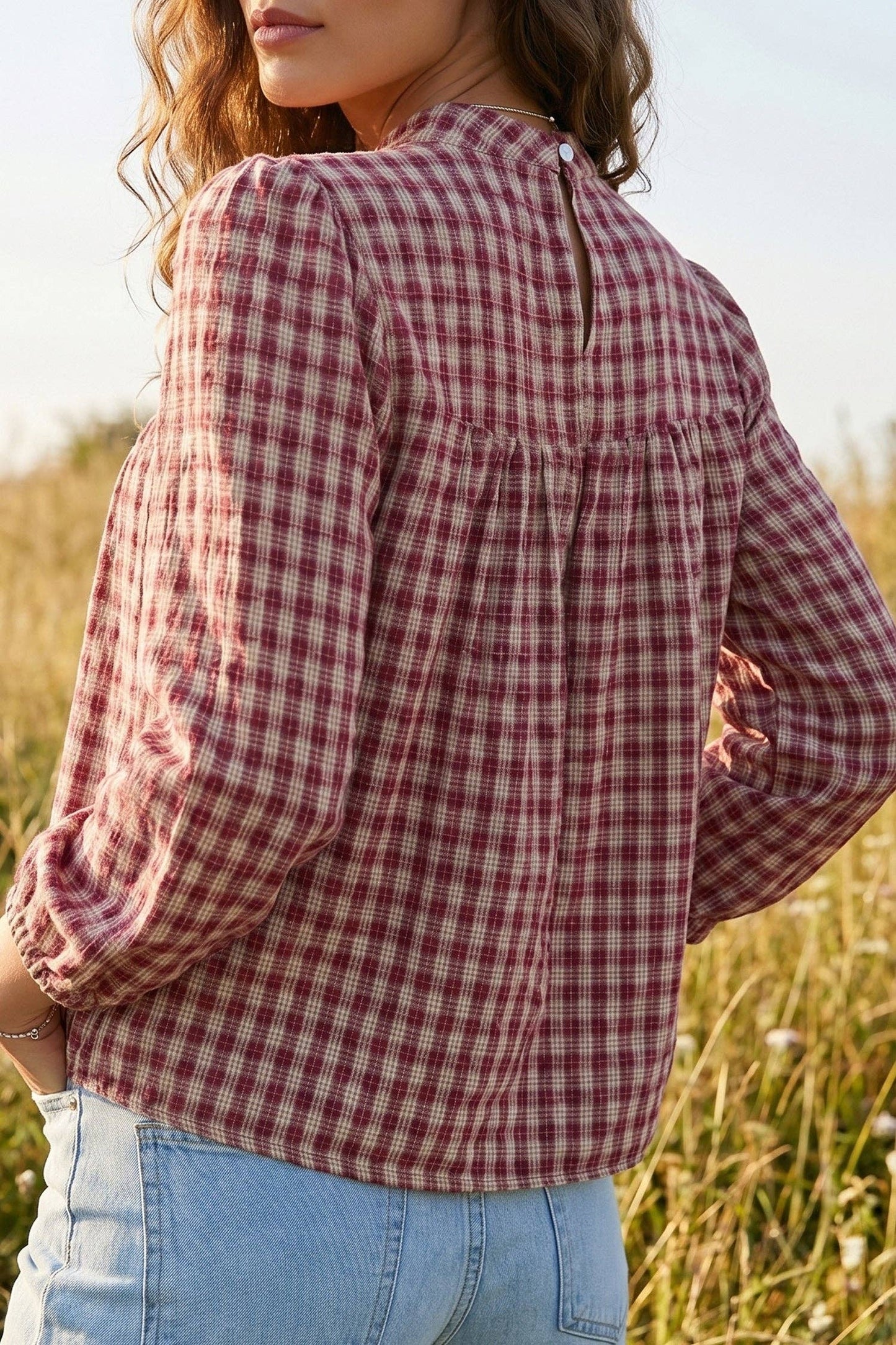 Country Plaid Pleated Blouse