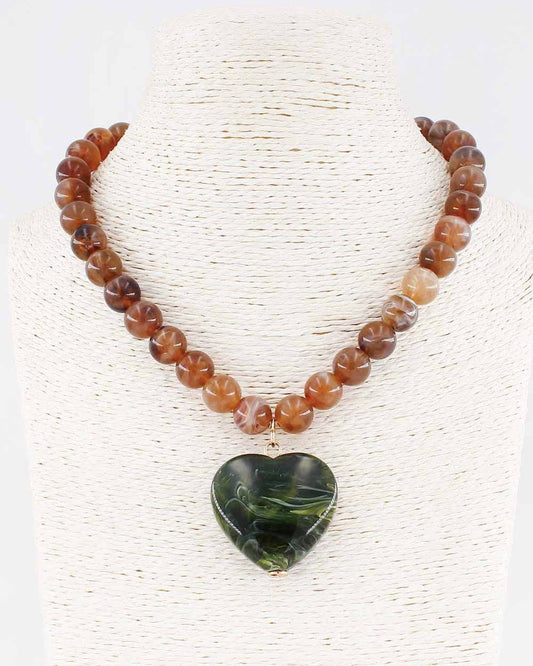 Brown Beaded with Green Stone Heart Necklace