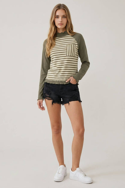 Striped Contrast Pocket Mock Neck