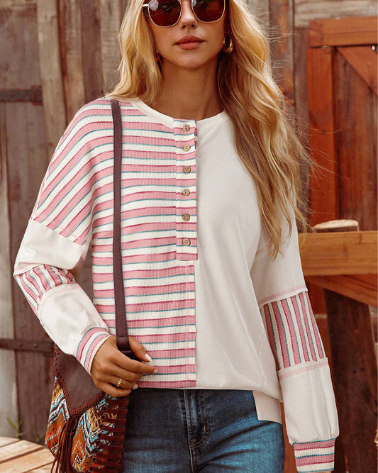 Stripe Stitch Detail Color Block Patched Oversized Top